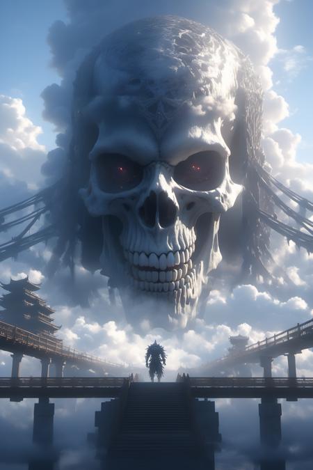 06583-627268251-Hyperrealistic art BJ_Sacred_beast,Skull,outdoors,sky,day,cloud,water,blue_sky,no_humans,cloudy_sky,building,scenery,reflection,.png